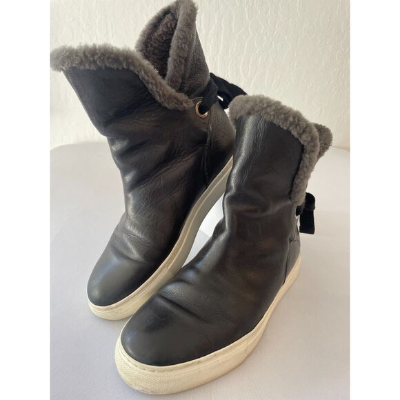 ~ M. Gemi Gia Leather Shearling Black Boots 40 Bow, Foldover Ankle 9 Chelsea - Picture 10 of 11